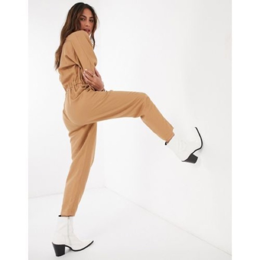 ASOS design tan v neck tie waist sweat jumpsuit